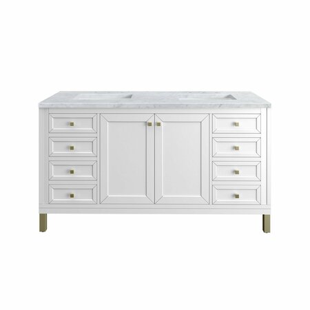 JAMES MARTIN VANITIES Chicago 60in Double Vanity, Glossy White w/ 3 CM Carrara Marble Top 305-V60D-GW-3CAR